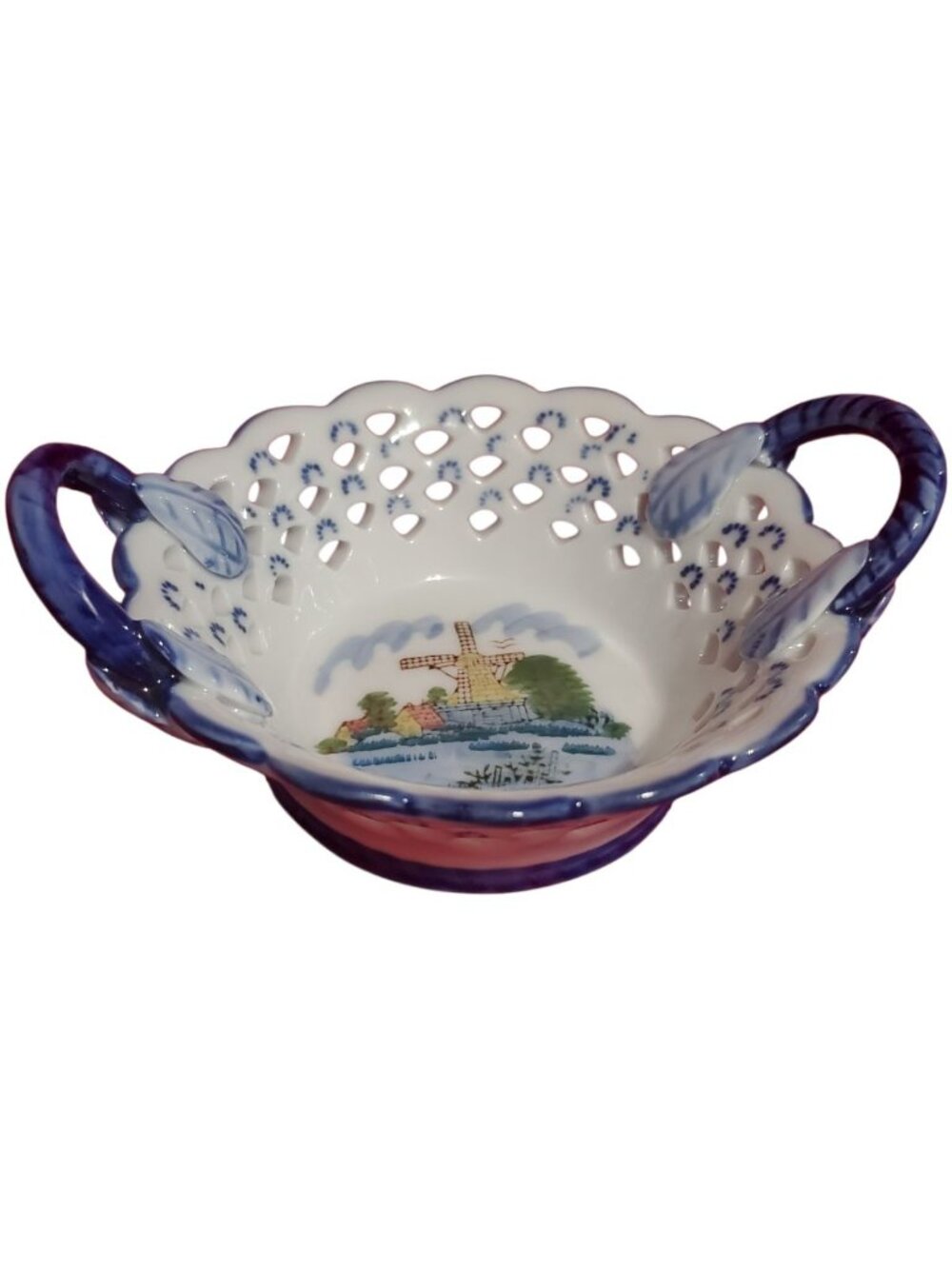 D.N&E.L Hand-Vtg Porcelain Basket W/Windmill Scene & Dual Handles Blue & White - Picture 12 of 12
